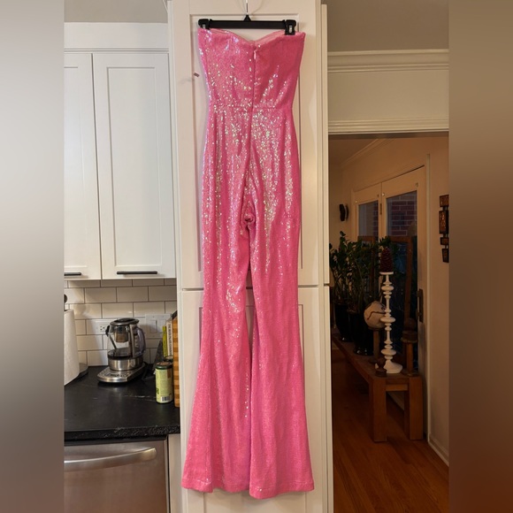 new Nadine Merabi Tiffany sequin flare jumpsuit in barbie pink - Picture 5 of 8